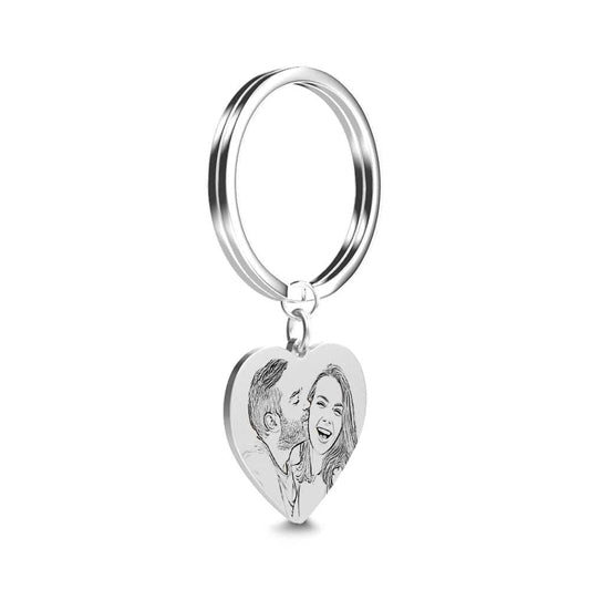 Stainless steel heart keyring on a split ring with personalised calendar engraving and custom photo insert — perfect gift for wife, husband or partner