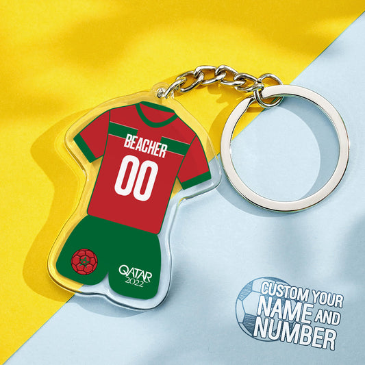 Personalised Morocco football jersey keychain – front view of mini Morocco team shirt keyring, custom name & number option, 2022 football keepsake