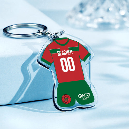 Personalised Morocco football jersey keychain – front view of mini Morocco team shirt keyring, custom name & number option, 2022 football keepsake