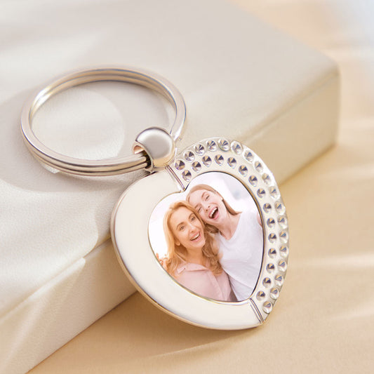Personalised stainless steel heart keyring on split-ring and chain; customisable photo keyring with optional short text, a thoughtful anniversary, wedding favour or personalised birthday gift