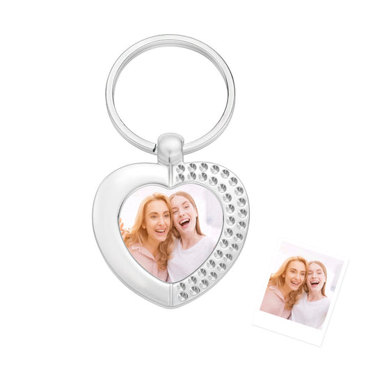 Personalised stainless steel heart keyring on split-ring and chain; customisable photo keyring with optional short text, a thoughtful anniversary, wedding favour or personalised birthday gift