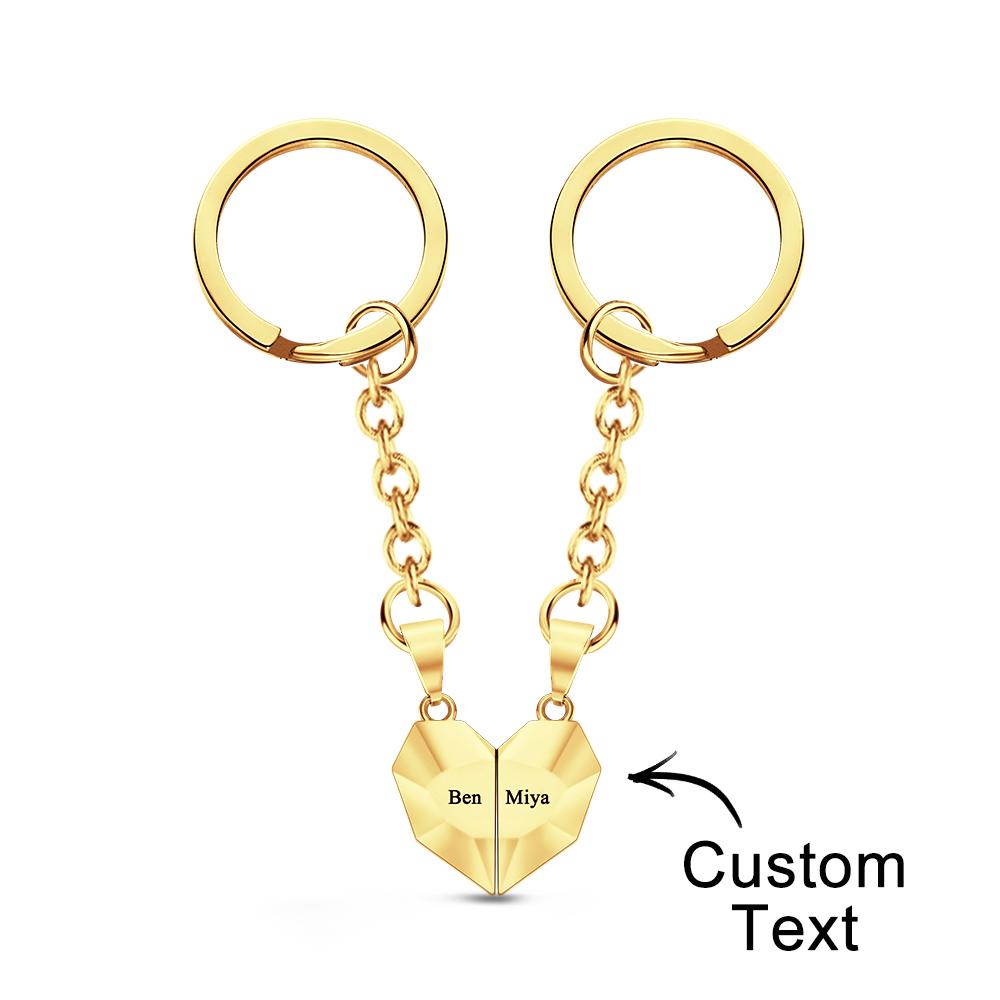 Personalised engraved magnetic matching heart keychains presented in a gift box — jewellery-style packaging perfect for Valentine's Day or anniversary gifts for couples