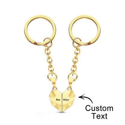 Personalised engraved magnetic matching heart keychains presented in a gift box — jewellery-style packaging perfect for Valentine's Day or anniversary gifts for couples