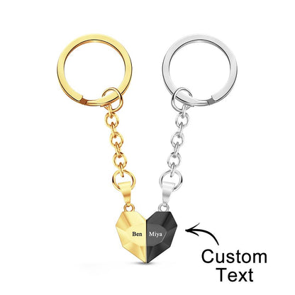 Detail of magnetic connection on personalised engraved matching heart keychains demonstrating secure join — thoughtful engraved keepsake for couples' anniversaries