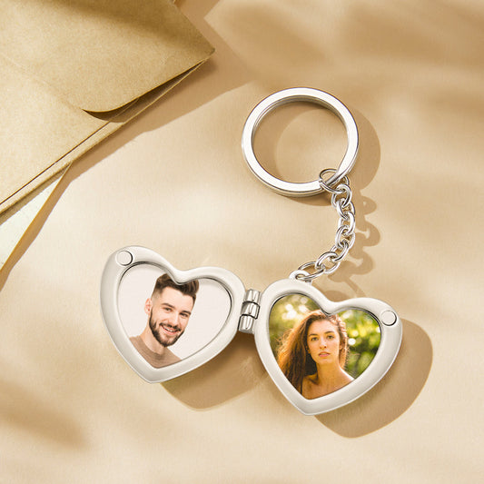 Personalised double photo heart keyring presented ready to gift with sample photos and optional personalised text — ideal commemorative and Valentine’s present