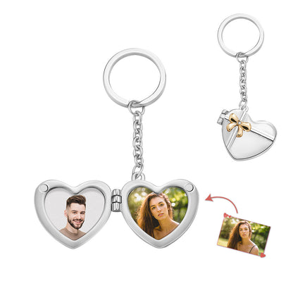 Personalised double photo heart keyring presented ready to gift with sample photos and optional personalised text — ideal commemorative and Valentine’s present