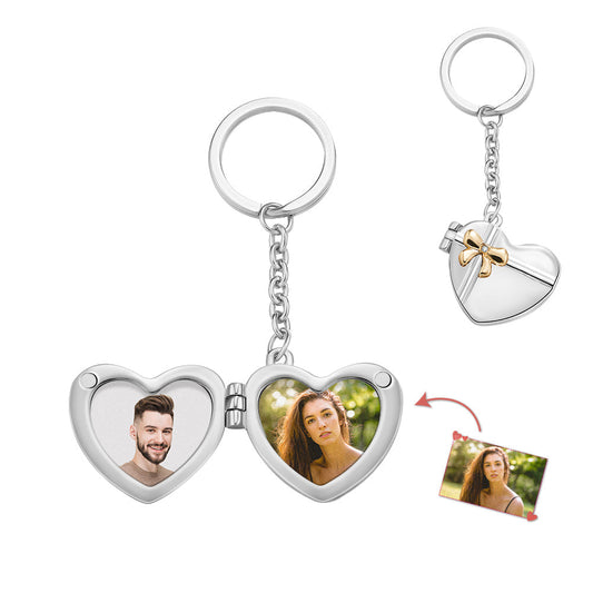 Personalised double photo heart keyring presented ready to gift with sample photos and optional personalised text — ideal commemorative and Valentine’s present