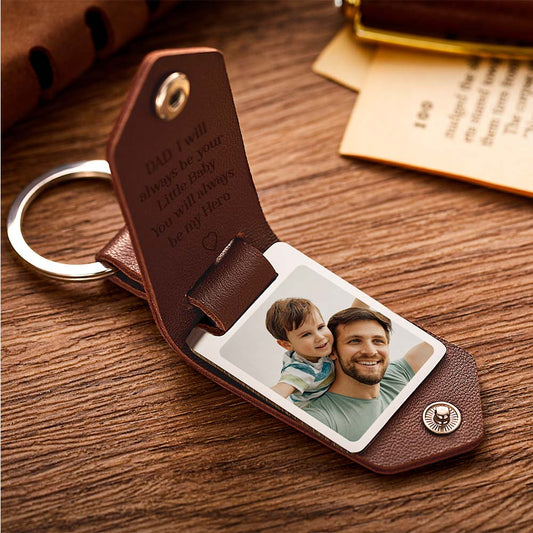 Personalised PU leather photo keyring for Dad with custom photo and engraved stainless-steel tag reading ‘DAD I will always be your Little Baby. You will always be my Hero’ — perfect keepsake gift