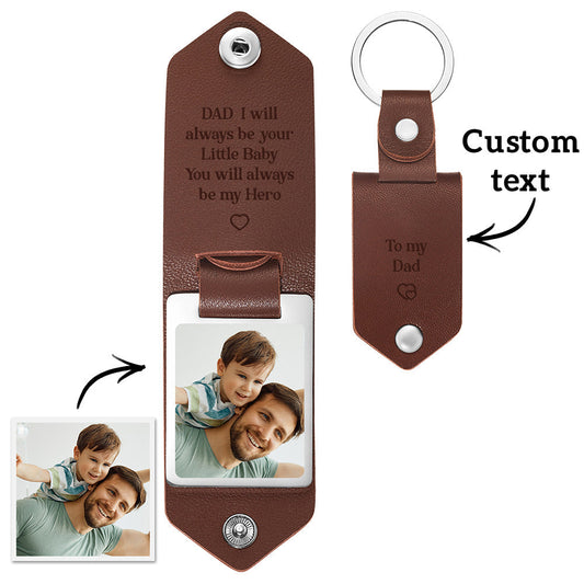 Personalised PU leather photo keyring for Dad with custom photo and engraved stainless-steel tag reading ‘DAD I will always be your Little Baby. You will always be my Hero’ — perfect keepsake gift