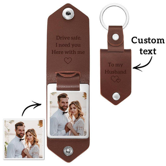 Personalised leather keyring with double-sided photo on a stainless steel plate and engraved custom text on a PU leather strap