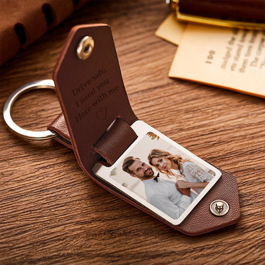 Personalised leather keyring with double-sided photo on a stainless steel plate and engraved custom text on a PU leather strap