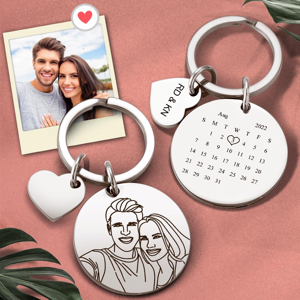 Custom line art photo engraved stainless steel keychain, personalised with a saved date – elegant anniversary keepsake