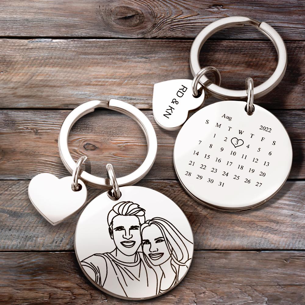 Engraved photo keyring with custom line drawing and bespoke text on durable stainless steel, ideal as a wedding, memorial or save‑the‑date keepsake