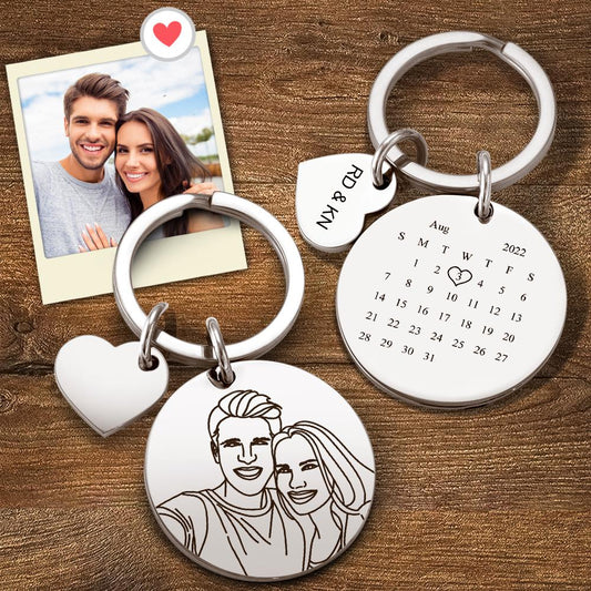 Custom line art photo engraved stainless steel keychain, personalised with a saved date – elegant anniversary keepsake