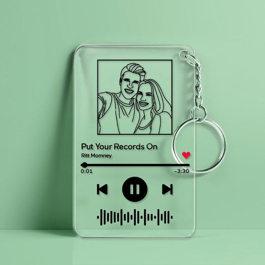 Personalised line art music code keychain engraved on clear acrylic with photo and custom text — personalised song keyring gift