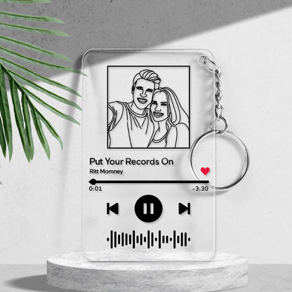 Engraved acrylic music code plaque keyring showing detailed line art and encoded song bars — perfect personalised gift for music lovers