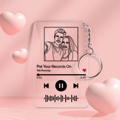 Personalised line art music code keychain engraved on clear acrylic with photo and custom text — personalised song keyring gift