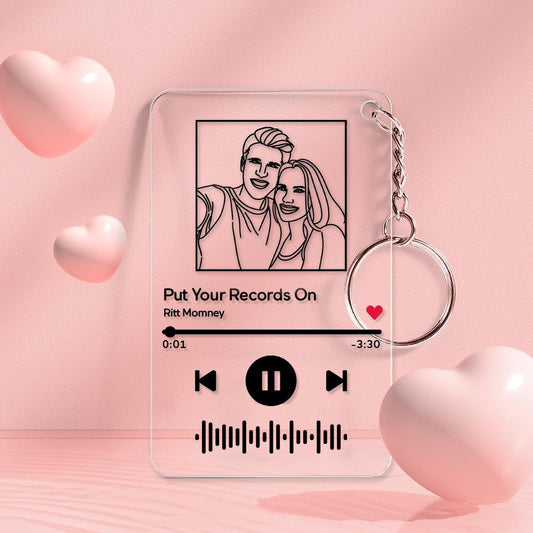 Personalised line art music code keychain engraved on clear acrylic with photo and custom text — personalised song keyring gift