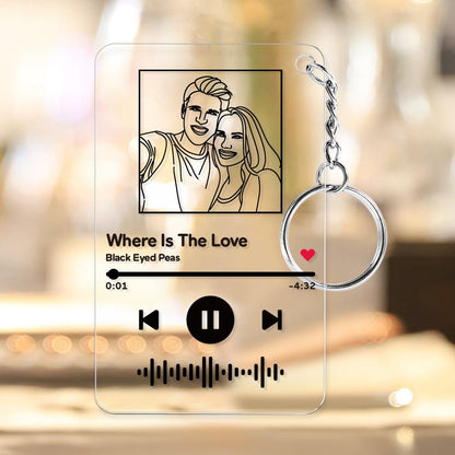 Mini engraved acrylic song keyring with uploaded MP3 music code and custom name engraving — lightweight durable keepsake