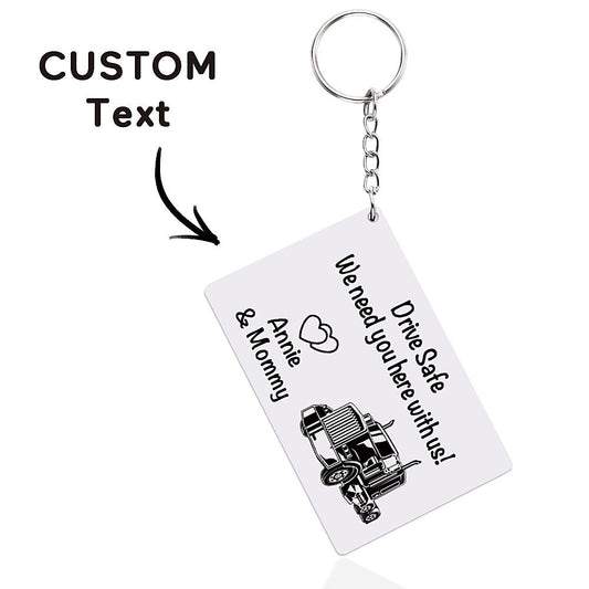 Polished metal Personalised Drive Safe trucker keyring with custom name engraving – durable, heartfelt custom gift for truck drivers and dads
