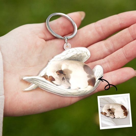 Personalised pet sleeping angel acrylic keyring showing a custom pet photo — lightweight, durable acrylic personalised keychain gift for pet lovers