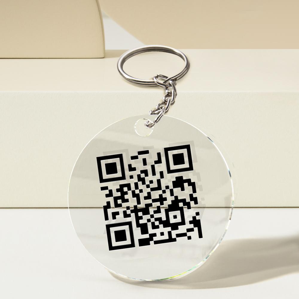 Personalised engraved acrylic keyring with scannable QR code and custom text shown with key ring and chain perfect for anniversary or Mother's Day gift