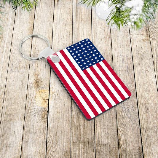 Personalised USA American flag stainless steel keychain with engraved name front view unisex custom keyring for men and women