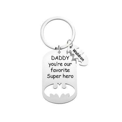 Angled view of engraved Personalised Superhero Daddy Keyring, stainless steel keepsake perfect for Father's Day or birthday