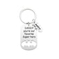 Angled view of engraved Personalised Superhero Daddy Keyring, stainless steel keepsake perfect for Father's Day or birthday