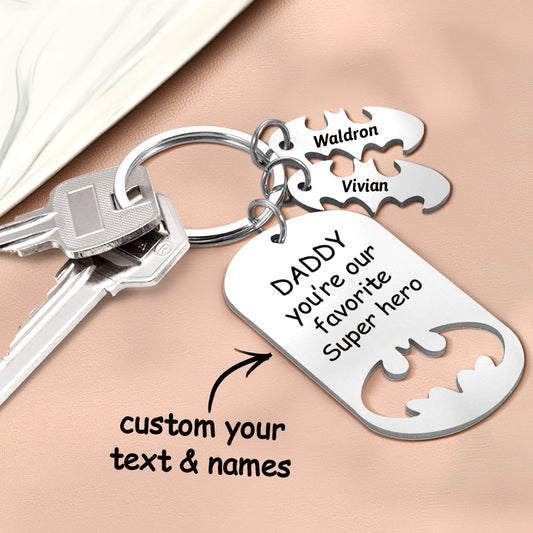 Personalised Superhero Daddy Keyring in stainless steel engraved with kids' names and hero message, ideal gift for father