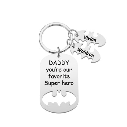 Hero-themed Personalised Superhero Daddy Keyring with engraved message and names, perfect Christmas or Father's Day present