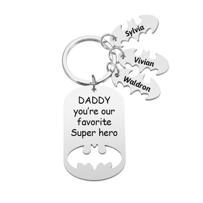Personalised Superhero Daddy Keyring in stainless steel engraved with kids' names and hero message, ideal gift for father