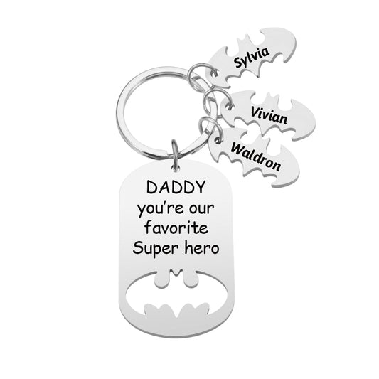 Personalised Superhero Daddy Keyring in stainless steel engraved with kids' names and hero message, ideal gift for father