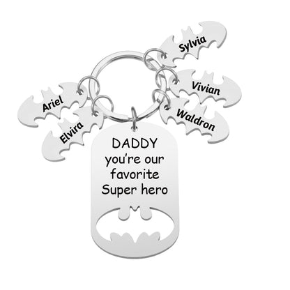 Sturdy keyring hardware and polished stainless steel tag on Personalised Superhero Daddy keepsake gift