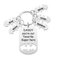 Sturdy keyring hardware and polished stainless steel tag on Personalised Superhero Daddy keepsake gift