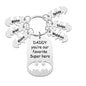 Front-facing Personalised Superhero Daddy Keyring displaying engraved kids' names and heartfelt hero message