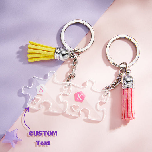 Lifestyle image of personalised jigsaw puzzle keyring attached to keys, lightweight acrylic keepsake styled as a couple keychain gift for him or her for anniversaries, weddings and Valentine’s Day