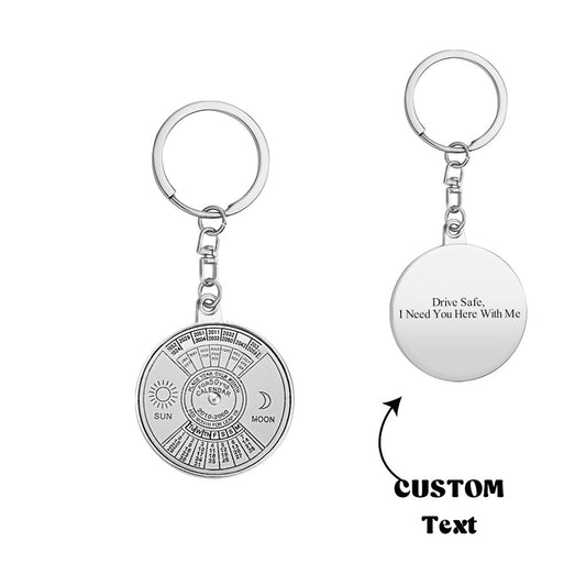 Personalised engraved stainless steel perpetual calendar keychain pendant, close-up of decorative calendar dial and polished finish – ideal personalised keychain gift for him