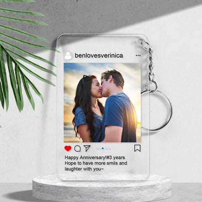 Personalised Instagram photo keyring used as a bag charm and small wall keepsake — bespoke acrylic photo keychain gift idea
