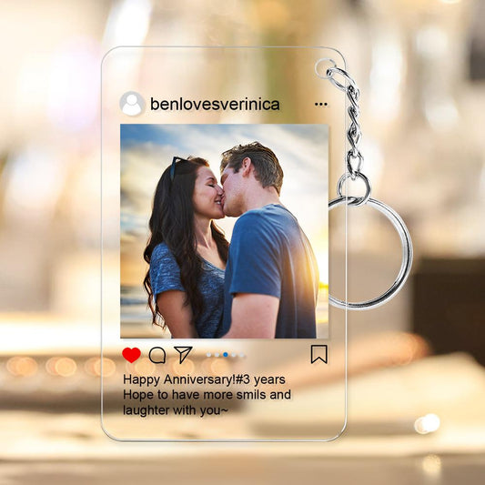 Personalised Instagram-style acrylic photo keyring showing a couple's image and custom caption — acrylic custom keychain gift for couples