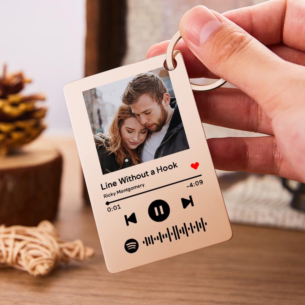 Personalised photo plaque with Spotify code on stainless steel, example of engraved text and image reproduction quality