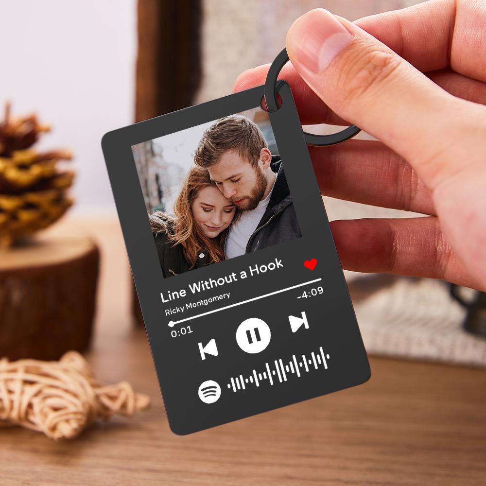 Gift-ready Personalised Spotify Code Keychain with engraved photograph and song details, modern engraved keepsake