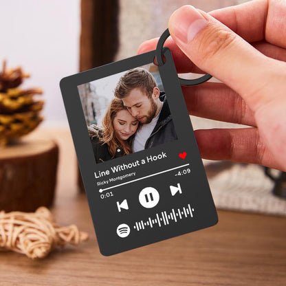 Gift-ready Personalised Spotify Code Keychain with engraved photograph and song details, modern engraved keepsake