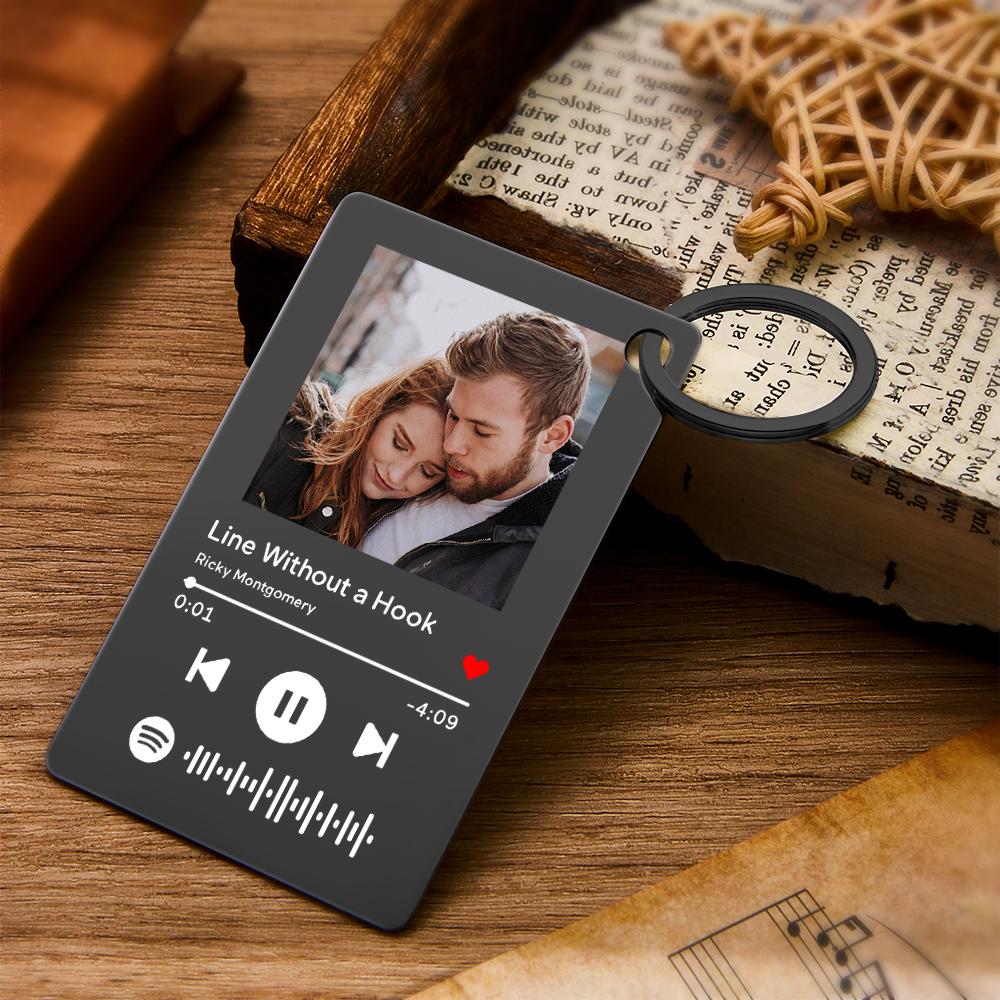 Personalised photo plaque with Spotify code on stainless steel, example of engraved text and image reproduction quality