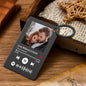 Personalised photo plaque with Spotify code on stainless steel, example of engraved text and image reproduction quality