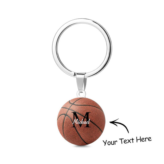 Stainless steel personalised basketball keyring detail shot showing polished finish and clear engraving – custom text keepsake for teens and sports fans