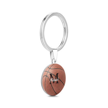 Stainless steel personalised basketball keyring detail shot showing polished finish and clear engraving – custom text keepsake for teens and sports fans