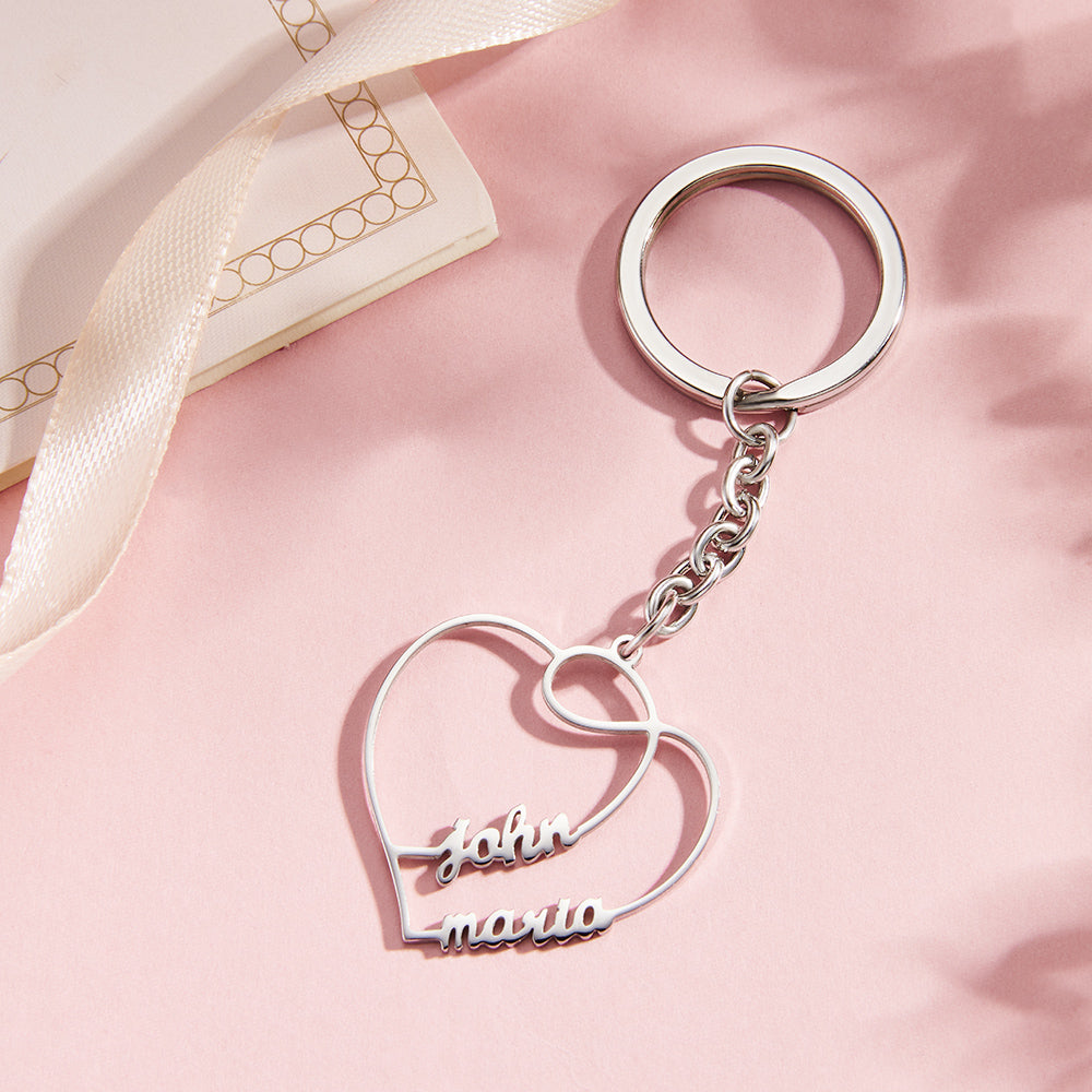 Personalised double heart keyring on a set of keys – rust-resistant stainless steel custom engraved gift for partner
