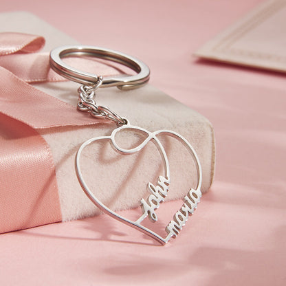 Two interlocking heart charms engraved with names – personalised stainless steel keyring ideal for couples and memory keepsakes