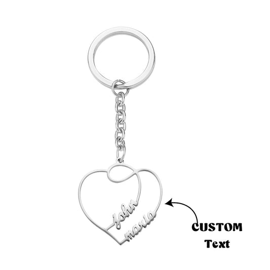 Custom engraved double heart keyring displayed on white background – personalised gift for wife, husband or fiancé